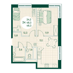 2 комнатная 48.3м²