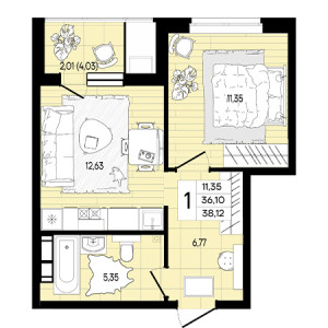 1 комнатная 38.12м²