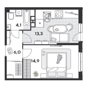 1 комнатная 41.9м²