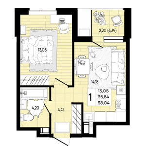 1 комнатная 38.04м²