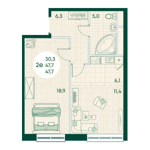 2 комнатная 47.7м²