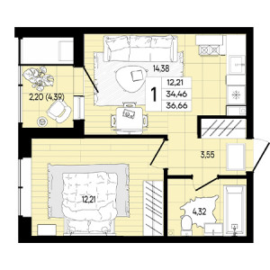 1 комнатная 36.66м²