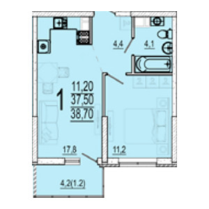 1 комнатная 38.7м²