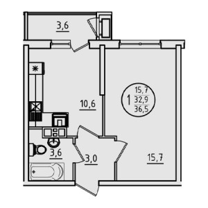 1 комнатная 36.5м²