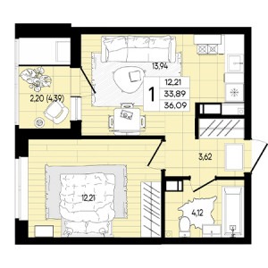 1 комнатная 36.09м²