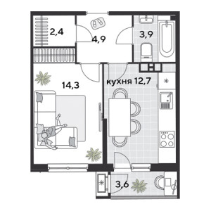 1 комнатная 41.8м²