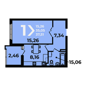 1 комнатная 37.51м²