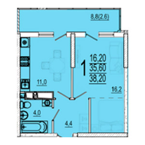 1 комнатная 38.2м²