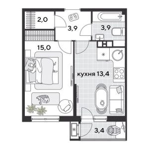 1 комнатная 41.6м²