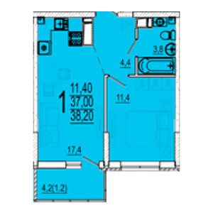 1 комнатная 38.2м²