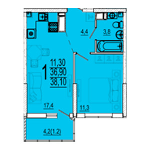 1 комнатная 38.1м²