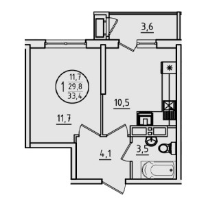 1 комнатная 33.4м²