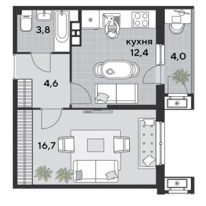 1 комнатная 41.5м²