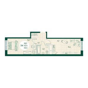 2 комнатная 43.4м²