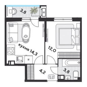 1 комнатная 38.1м²