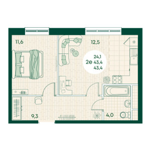 2 комнатная 43.4м²