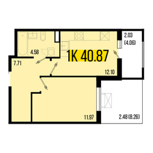 1 комнатная 40.87м²