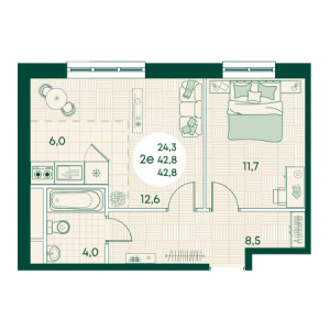 2 комнатная 42.8м²