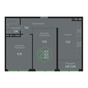 2 комнатная 66.21м²