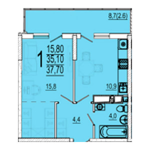 1 комнатная 37.7м²