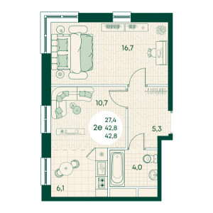 2 комнатная 42.8м²