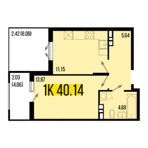 1 комнатная 40.14м²