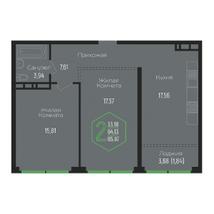 2 комнатная 65.97м²