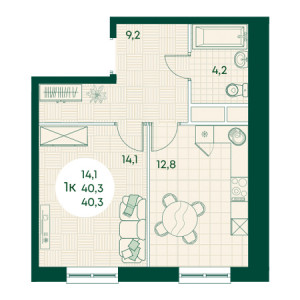 1 комнатная 40.3м²