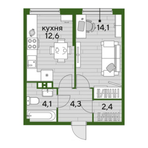 1 комнатная 37.5м²