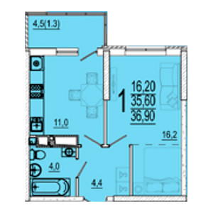 1 комнатная 36.9м²