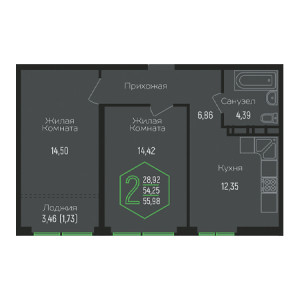 2 комнатная 55.98м²