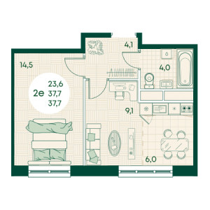 2 комнатная 37.7м²