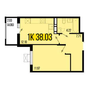 1 комнатная 38.03м²