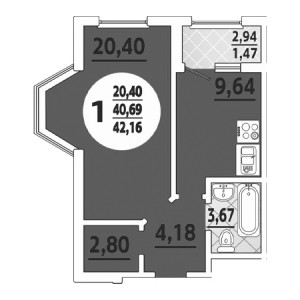 1 комнатная 42.16м²