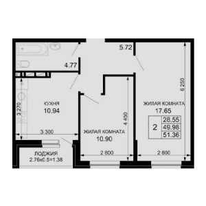 2 комнатная 51.36м²