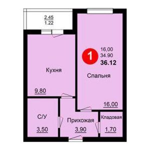 1 комнатная 36.12м²