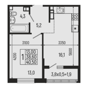 1 комнатная 40.5м²