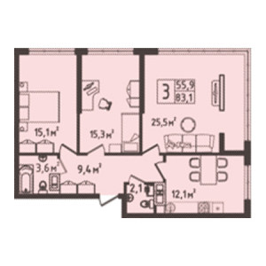 3 комнатная 83.1м²