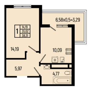 1 комнатная 38.31м²