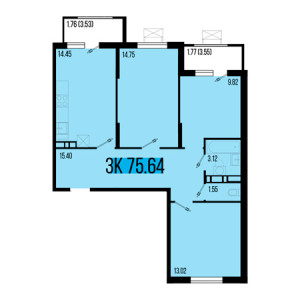 3 комнатная 75.64м²