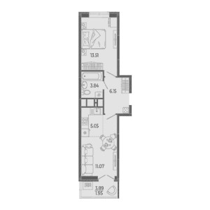 1 комнатная 41.57м²