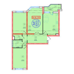 3 комнатная 83.7м²