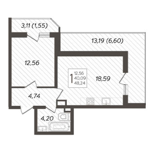 1 комнатная 48.24м²