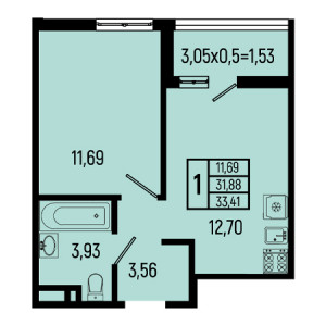 1 комнатная 33.41м²