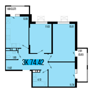 3 комнатная 74.42м²