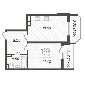 1 комнатная 47.1м²