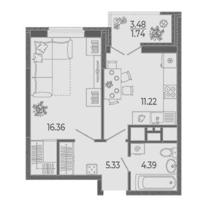 1 комнатная 39.04м²