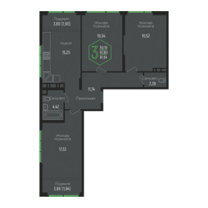 3 комнатная 91.64м²