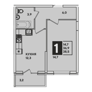 1 комнатная 38.5м²