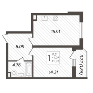 1 комнатная 45.93м²